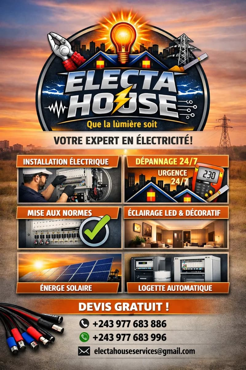 ÉLECTA HOUSE – Que la lumière soit ⚡ Vous cherchez un électricien fiable et professionnel à Kinshasa ? Nous vous offrons des services sur mesure : 🔌 Installation électrique 💡 Éclairage LED &a